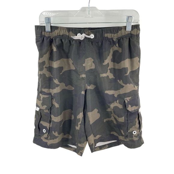Mens swimsuit swim trunks small camo camouflage cargo pockets olive green elasti - Picture 1 of 6